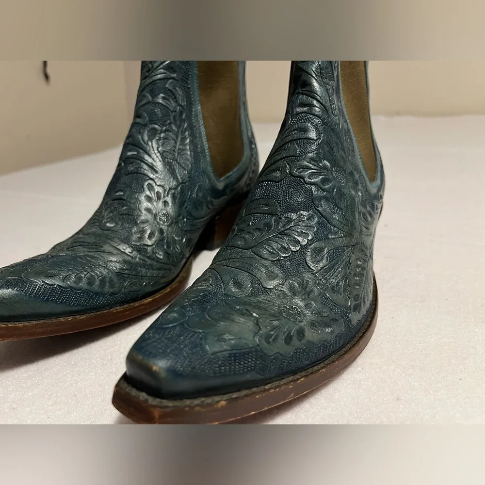 Old Gringo Boot Star Men’s 7D 9-150 Wyoming Blue Jeans TOOLED Leather Boots - Picture 5 of 13